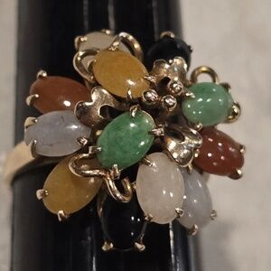 Vintage 14K yellow gold multi color genuine jadeite dome cluster ring Size 7.5